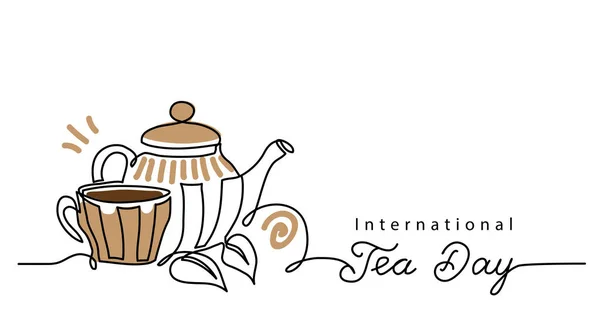 茶天矢量背景与茶杯和水壶。一条线画图，边，横幅与字母国际茶日 — 图库矢量图片