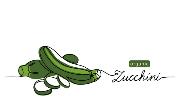 Zucchini, medula verde, courgette ou ilustração vetor squash. Uma linha desenho arte ilustração com letras abobrinha orgânica —  Vetores de Stock