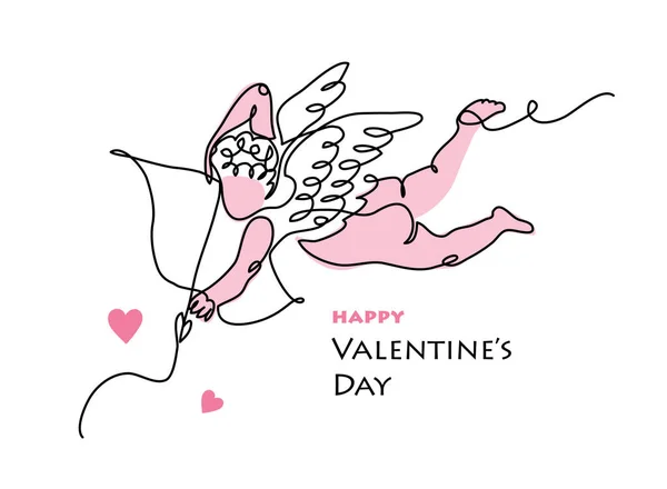 Cupido, amur vector lijn art card voor Valentijnsdag. Een continue lineart tekening van kleine engel boogschutter met pijl en boog — Stockvector