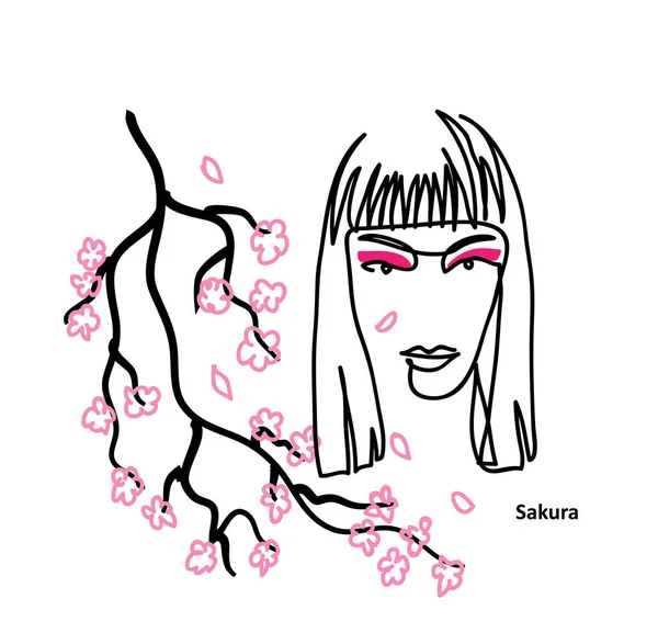 Sombra de olho simples cartaz vetorial promocional. Menina bonita com maquiagem rosa, sombra. Florescimento de Sakura — Vetor de Stock