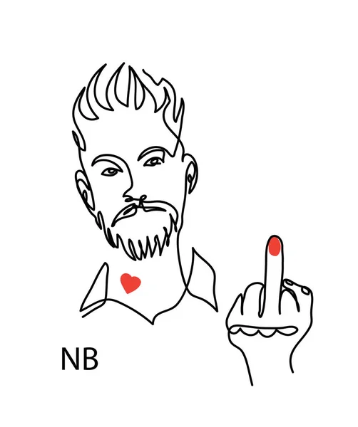 Nonbinary, enby, NB person concept. Man with red polished nail fuck off gesture. Simple vector illustration, man face line art — Stok Vektör