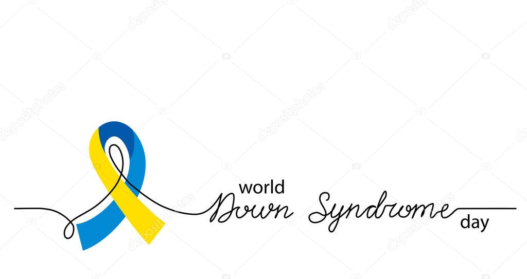 World Down Syndrome Day simple vector background, banner, poster with yellow and blue ribbon symbol. Lettering Down Syndrome