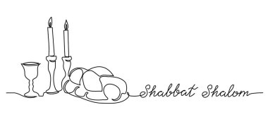 Shabbat Shalom, peaceful sabbath, vector poster, banner, background with challah, candle, wine. Shabbat Shalom lettering. clipart