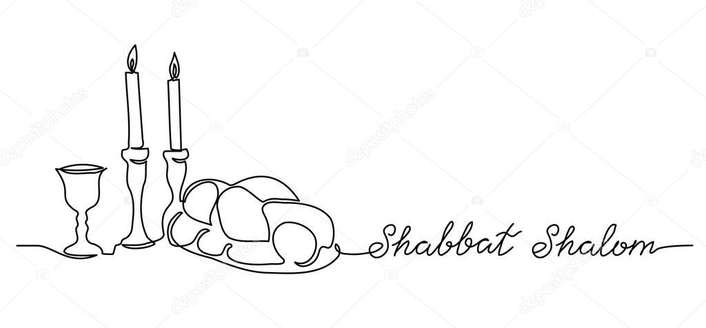 Shabbat Shalom, peaceful sabbath, vector poster, banner, background with challah, candle, wine. Shabbat Shalom lettering.