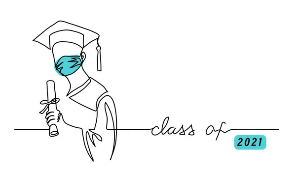 2021年のクラスは、キャップ、ガウン、卒業証書を保持して顔マスクで学生を卒業。1つの連続線画イラストとテキストクラス — ストックベクタ