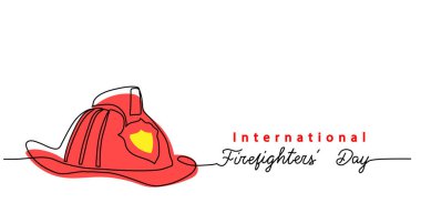 Firefighters day simple web banner, poster, background. Fireman red helmet one continuous line drawing vector illustration. Lettering International Firefighters day