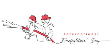 Two Fireman with hose in red helmets. Lettering International Firefighters day.One continuous line drawing vector illustration of fireman