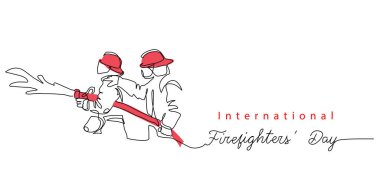 Two Fireman with hose in red helmets. Lettering International Firefighters day.One continuous line drawing vector illustration of fireman clipart
