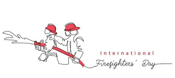 Two Fireman with hose in red helmets. Lettering International Firefighters day.One continuous line drawing vector illustration of fireman — Archivo Imágenes Vectoriales