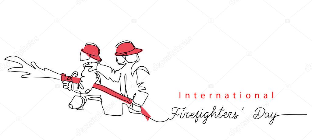 Two Fireman with hose in red helmets. Lettering International Firefighters day.One continuous line drawing vector illustration of fireman