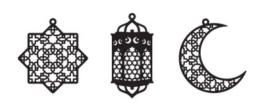 Ramazan cnc dekoru. Lazer kesme feneri, ay, hilal, lazer kesimi için yıldız vektör şablonu