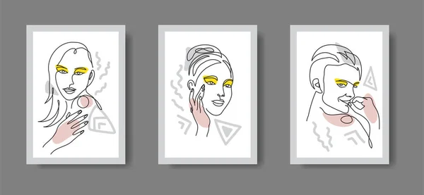 Enfrenta uma linha de arte. Rapariga, mulher, retratos femininos. Ícone vetorial minimalista de pessoas com manchas coloridas. Para salão de beleza, decoração de parede de spa, cartaz, brochura, design de capa, web — Vetor de Stock