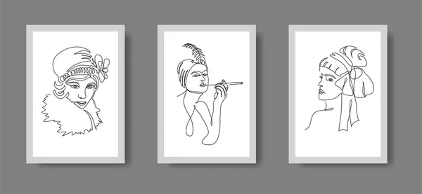 Meninas flapper de 20s vetor preto e branco ilustração conjunto de cartazes de arte da parede. Um desenho de linha contínua de retrato menina flapper — Vetor de Stock