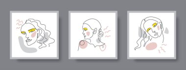 Bir çizgi sanat avatarıyla yüzleş, ikon. Kız, kadın, kadın portreleri. Renkli insanların minimalist vektör simgesi. Güzellik salonu, spa duvarı dekoru, poster, broşür, kapak tasarımı, web