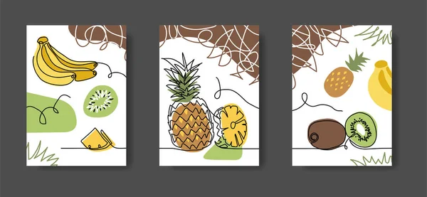 Exótico, frutas tropicais parede lineart decoração. Abacaxi, bananas, kiwi. Conjunto de ilustrações vetoriais, uma linha de parede contínua para cozinha ou café — Vetor de Stock
