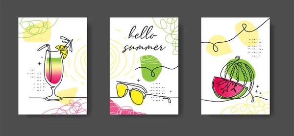 こんにちは夏のポスター、カフェやキッチンのために設定されたイラスト。スイカ、カクテル、ドリンク、最小1つの連続ラインデザインでサングラス。壁線画装飾 — ストックベクタ