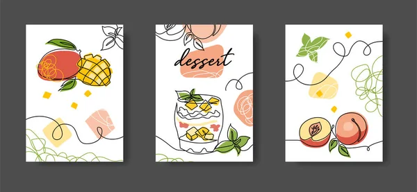 フルーツデザート最小1行ポスター。壁の線形装飾。マンゴーと桃のベクトルイラストセット、キッチンやカフェのための連続ラインアート — ストックベクタ