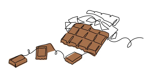 Barra de chocolate um desenho de linha contínua. Ilustração vetorial mínima de chocolate desdobrado com peças — Vetor de Stock