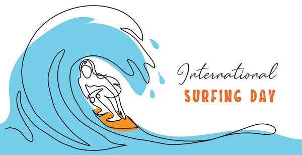 Міжнародний день серфінгу простий векторний банер, плакат, фон. Одна безперервна лінія зображення серфера на дошці серфінгу, що ловить хвилю. Серфінг день мінімалістичний банер — стоковий вектор
