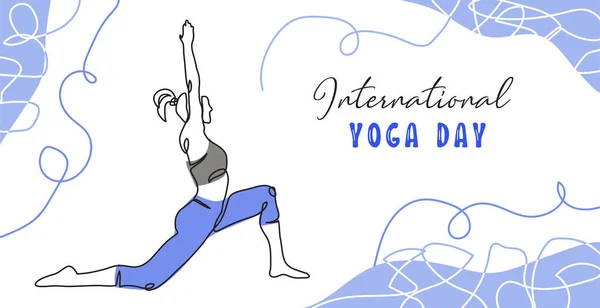 国际瑜伽日简约向量横幅，海报，背景。一个女人的连续线条画。世界瑜伽日背景简单 — 图库矢量图片
