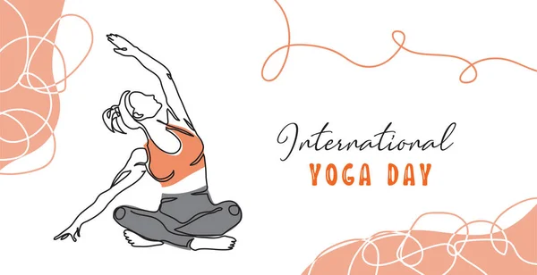 International yoga day minimalist vector banner, poster, background. .One continuous line art drawing of woman. World yoga day simple banner