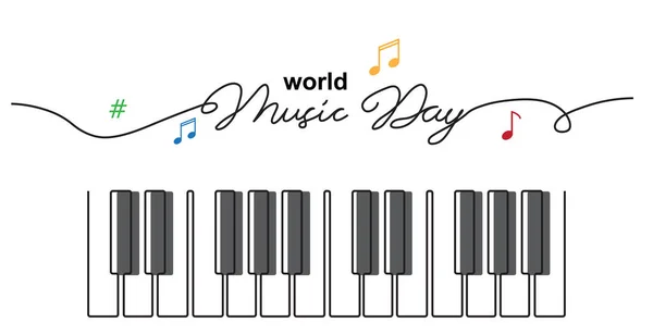 Dünya Müzik Günü skeci. Piyano tuşları basit vektör pankartı, poster, arkaplan. Metin Müzik Günü ile kesintisiz bir satır çizimi