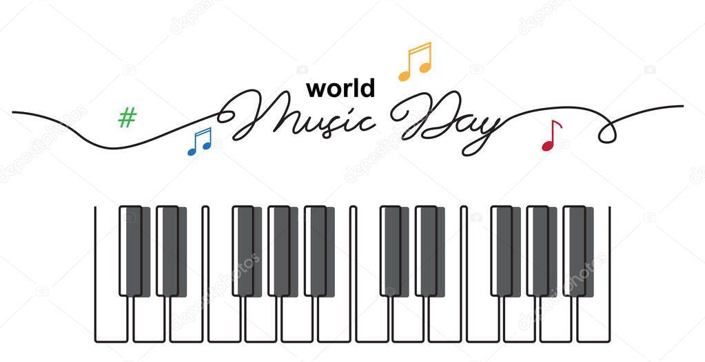 World Music Day sketch. Piano keys simple vector banner, poster, background. One continuous line drawing with text Music Day