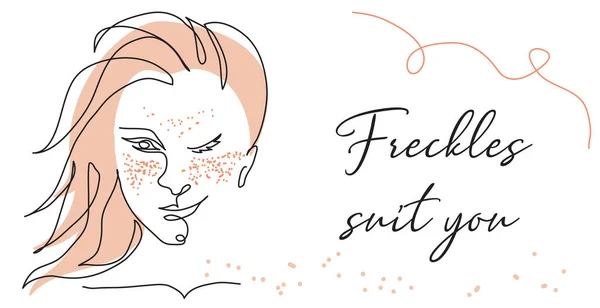 Freckled girl one line art face portrait. Red headed beautiful woman winks. Freckles suits you text. Simple vector illustration for freckled skin care banner, poster, background — Vettoriale Stock