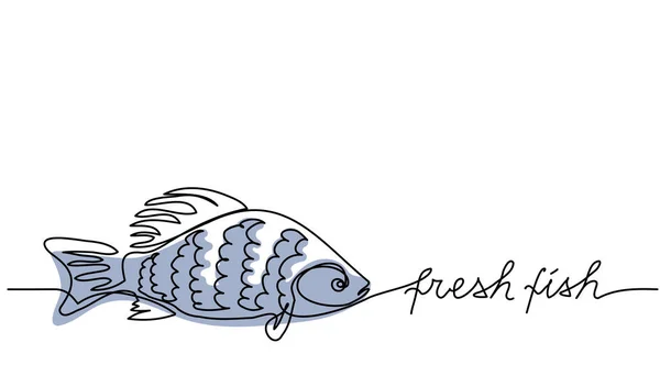 Fresh fish simple vector background, banner, poster. Signboard , store or shop sign design. One continuous line art drawing of fresh fish — Vetor de Stock