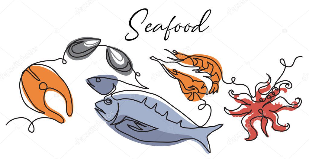 Seafood simple vector illustration, background, banner, poster. Signboard, store or shop sign design. One continuous line art drawing of seafood