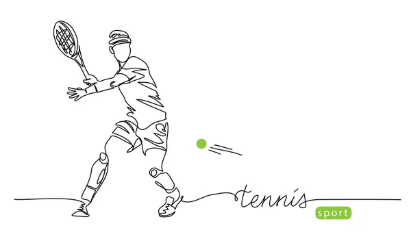 Tennis player simple vector background, banner, poster with man, racket and ball. One line drawing art illustration of male tennis player — Stock Vector