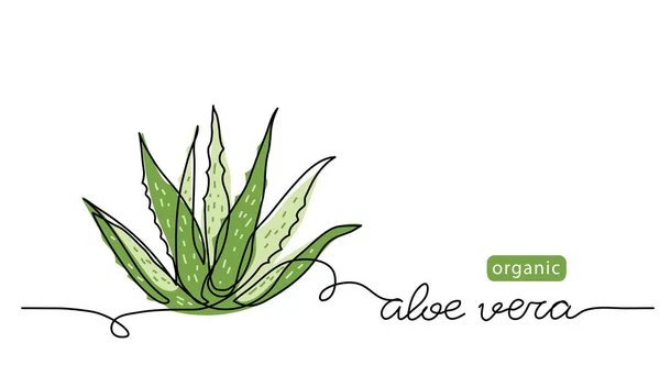 Aloe vera plant sketch, simple vector illustration, background, label design. One continuous line drawing art illustration with lettering organic aloe vera — 图库矢量图片