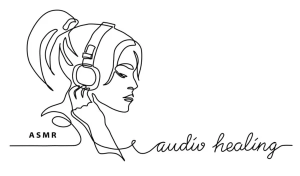 ASMR concept.Girl, woman in headphones simple vector banner, poster, background. One continuous line drawing with text audio healing — Stock Vector