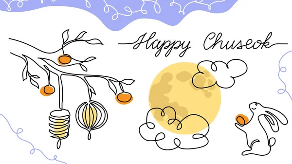 Happy Chuseok simple vector poster, banner, background with moon, rabbit, lantern, persimmon. One line drawing art illustration with lettering Happy Chuseok — Stock Vector