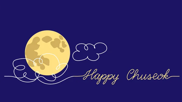 Chuseok blue night vector background with moon and clouds. One line drawing art illustration with lettering Happy Chuseok — Stock Vector