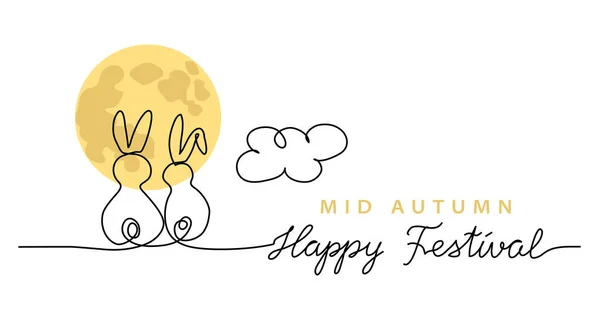 Chinese Mid Autumn Festival vector background, banner, poster with two rabbits looking at the moon. One line drawing art illustration with lettering happy festival — Stock Vector