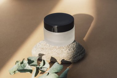 Krema kavanozu, güneş ışığında okaliptüs dallı doğal deri bakım ürünü. Bej arka plan. Model