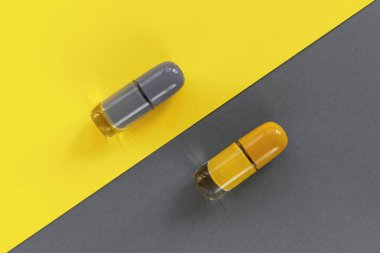 İki tonluk arka planda sarı ve gri tırnak cilası. 2021 'in moda renkleri. Üst manzara, düz uzanma.