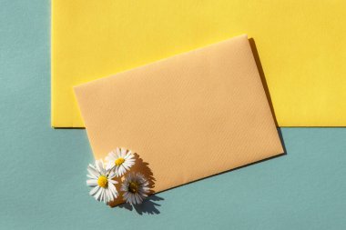 Sarı ve mavi arka planda bir zarf ve bir buket papatya. Tebrik kartı için düz konum şablonu, kopyalama alanı.