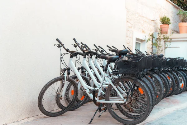 Bikes lined up for the renting, selective focus.