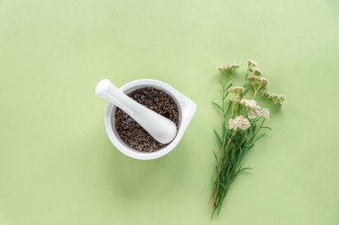 Yeşil arka planda kurutulmuş bitkilerle havan topu ve kabuk, üst manzara, kopyalama alanı. Doğal el yapımı kozmetik kavramı.