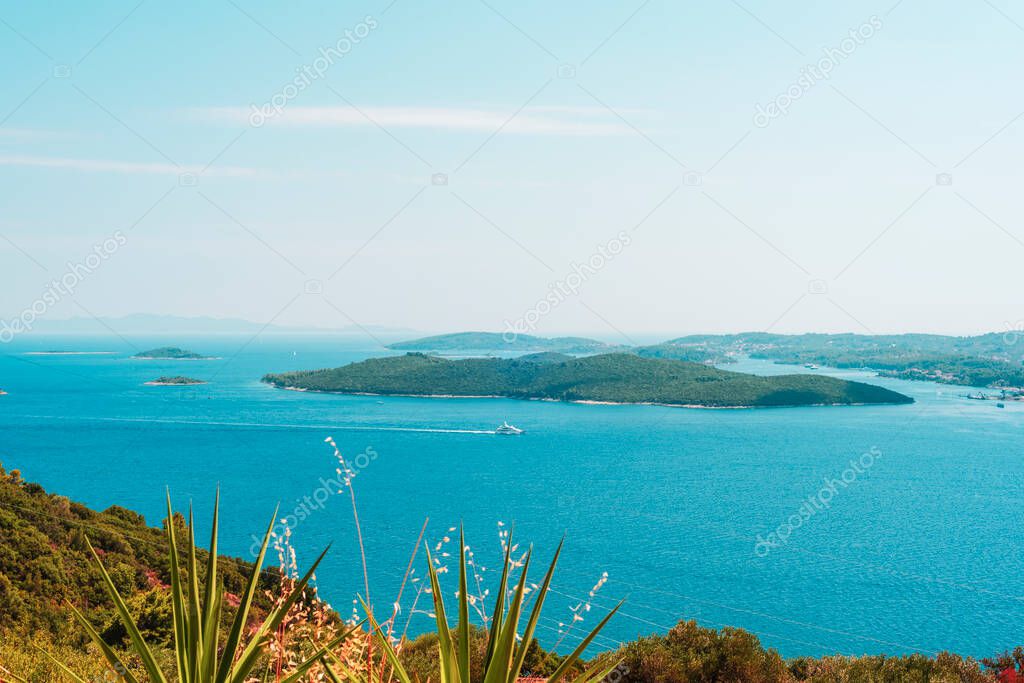 Beautiful view of blue sea with islands and clear sky. Summer vacation concept.