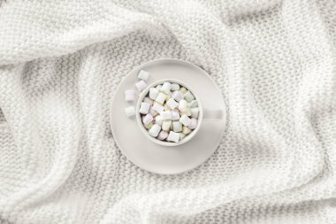 Yumuşak beyaz örülmüş battaniyede pastel şekerlemeler. Sıcak kış durgun hayat, manzaralı, düz bir yer. Yıl Rengi 2026 - Bulut Dansçısı.