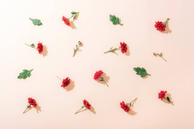 Yeşil yapraklı kırmızı çiçekler bej arka planda, dekoratif çiçekli düz desenli.