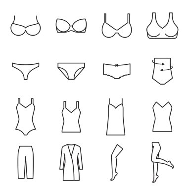 Set of lingerie icons. Black linear icons isolated on a white backgound clipart