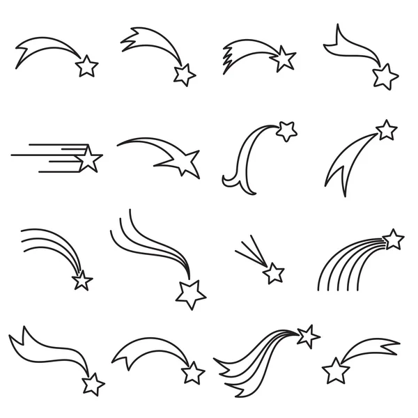 Collection of shooting star icons. Falling star icons. Comet icons. Black linear icons isolated on a white background. Vecrtor — Stock Vector