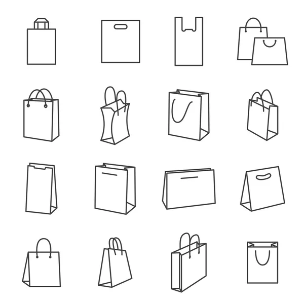De pictogrammen van de boodschappentas. Verzameling van zwarte lijn Icons geïsoleerd op een witte achtergrond — Stockvector