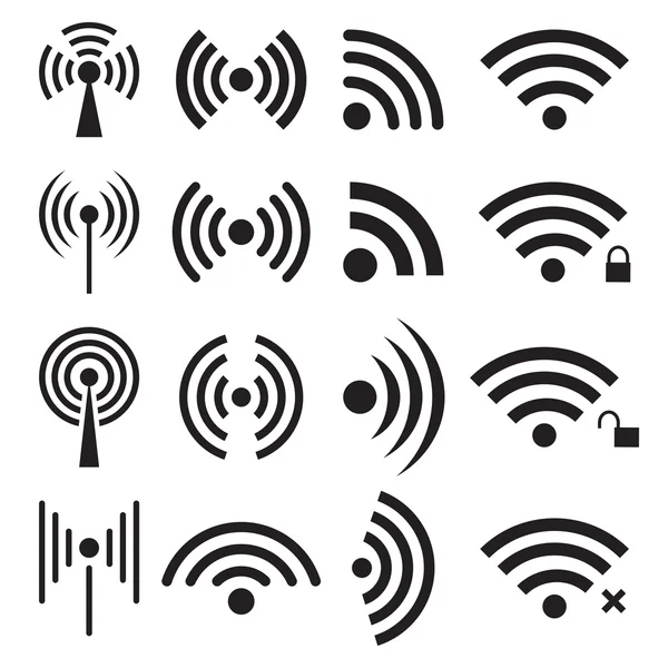 Conjunto de iconos inalámbricos y wifi negros — Vector de stock