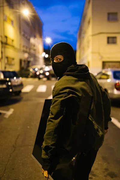 Masked Thief Running Away Stolen Television Night — Stock Photo, Image