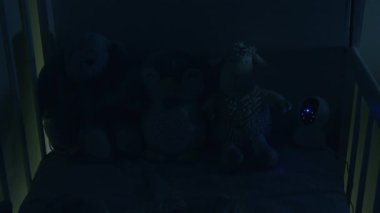 Karyolaya yerleştirilmiş pelüş oyuncaklar, loş bir ortamda hafifçe aydınlatılıyor, sakin bir gece atmosferinin özünü yakalıyor, kamera yavaşça yakınlaşıyor.